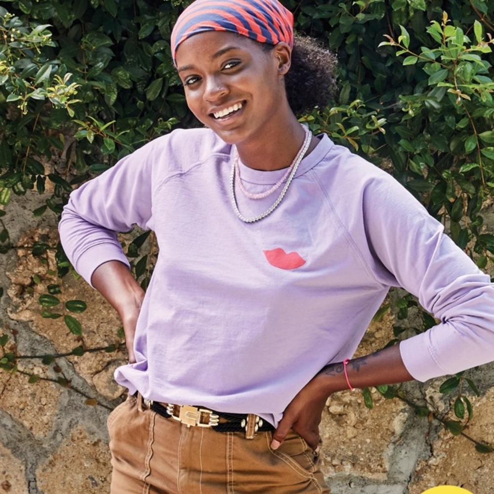 Clare V Lavender Crewneck Sweatshirt with Coral Lip Detail - Picture 5 of 10